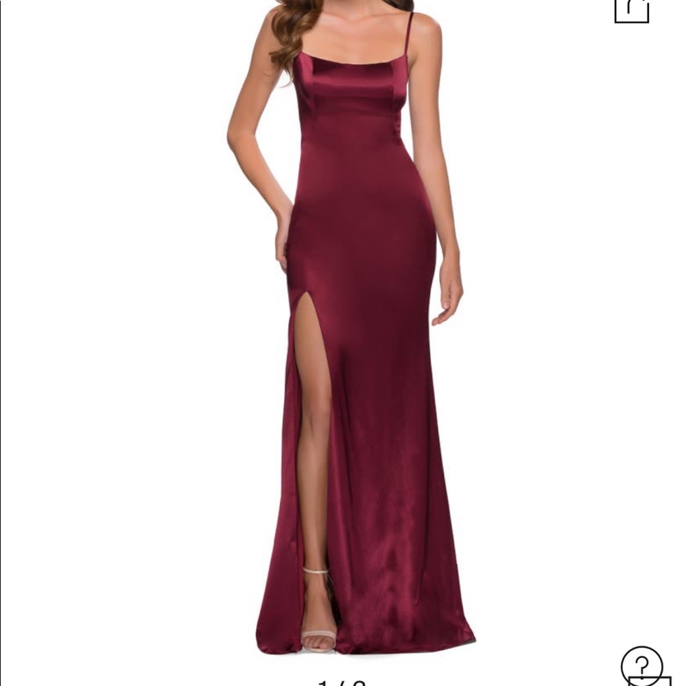 La Femme Side Slit Stretch Satin Gown in Burgundy